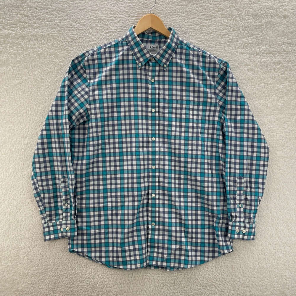 LL Bean Shirt Mens Large Blue Green Oxford OCBD Plaid Preppy Office Casual
